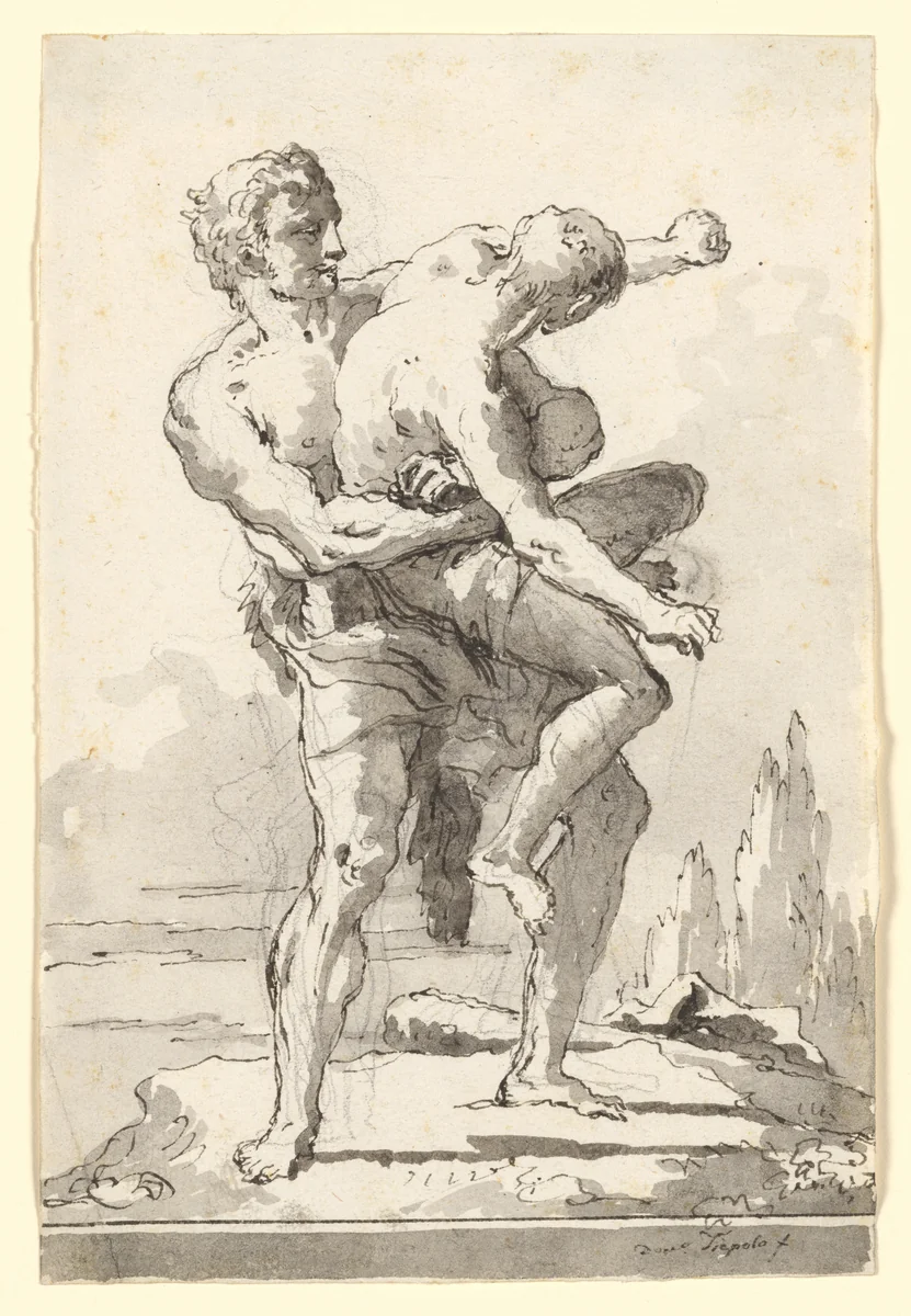 Hercules and Antaeus (with a ledge Below) by Giovanni Domenico Tiepolo, drawing, 1771-1800