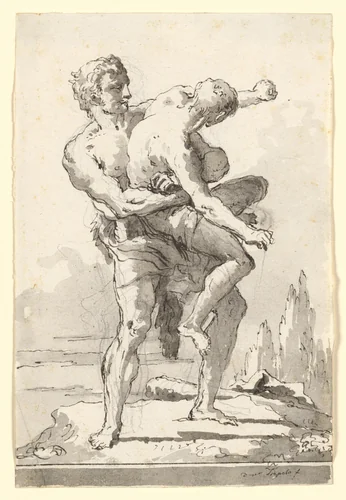 Hercules and Antaeus (with a ledge Below) by Giovanni Domenico Tiepolo, drawing, 1771-1800