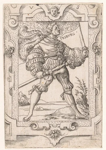 Vaandeldrager met vaandel van Fribourg by Unknown, print, 1524-1562