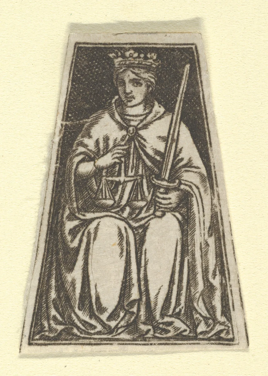 The cardinal virtue of Justice represented by a seated woman holding a pair of scales and a sword (possibly a modern impression) by anonymous, print, 1475-1485