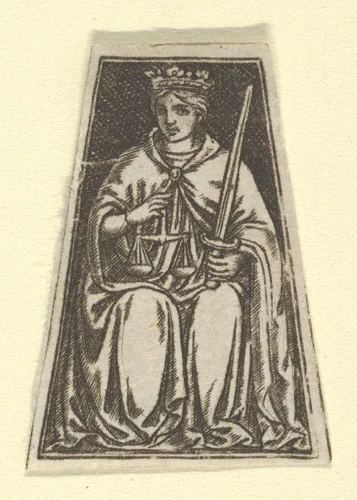 The cardinal virtue of Justice represented by a seated woman holding a pair of scales and a sword (possibly a modern impression) by anonymous, print, 1475-1485