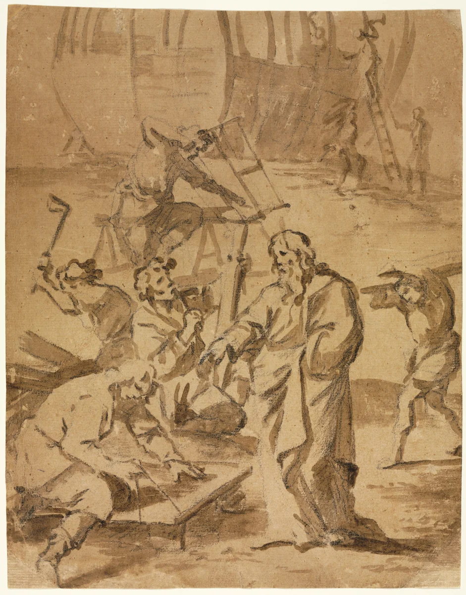 Building of the Ark by Alessandro Magnasco, drawing, 1700-1749