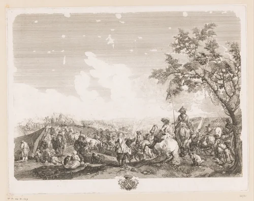 Soldaten en aanvoerders in een legerkamp by Jean Moyreau, print, 1733-1762