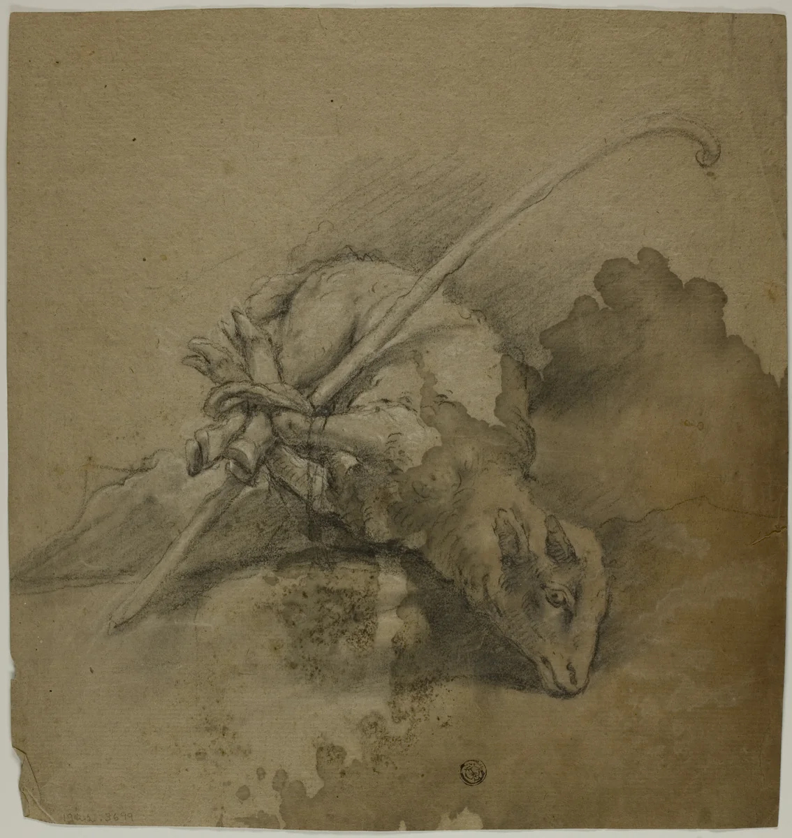 Lamb Bound to Shephard's Crook (recto); Seated Academic Male Nude, From Back, Turning Right (verso) by Giovanni Battista Piazzetta, drawing, 1700-1799