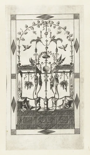 Architectuurfantasie met bovenaan vier vogels by anonymous, print, 1530-1540