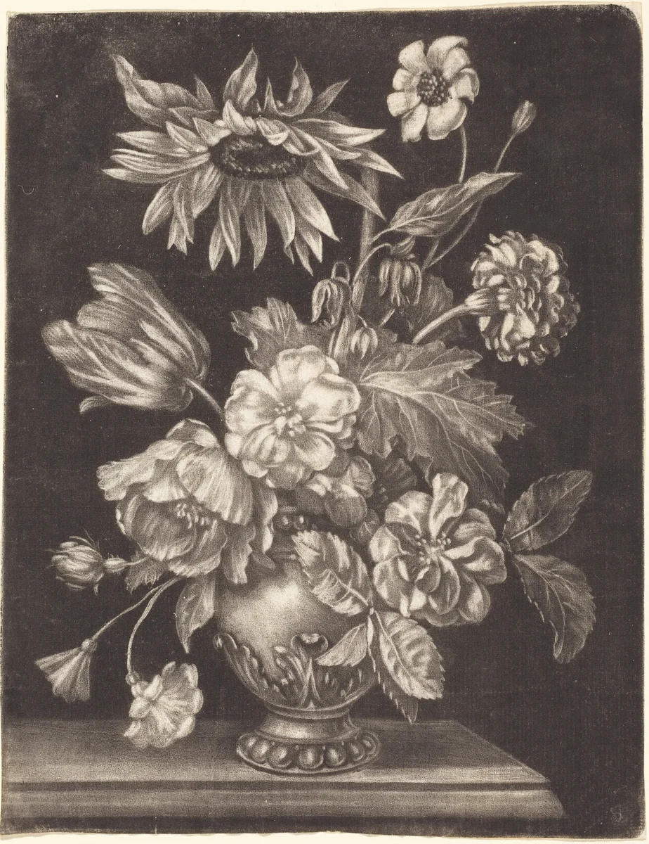 Floral Still Life with a Sunflower by Elias Christoph Heiss, print, 1660-1731