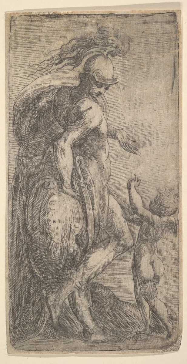 Mars standing at the left leaning on a shield, Cupid at the right by Andrea Schiavone, print, 1537-1547