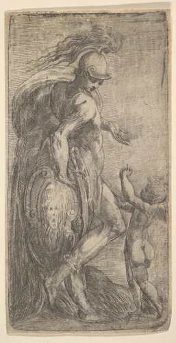Mars standing at the left leaning on a shield, Cupid at the right by Andrea Schiavone, print, 1537-1547