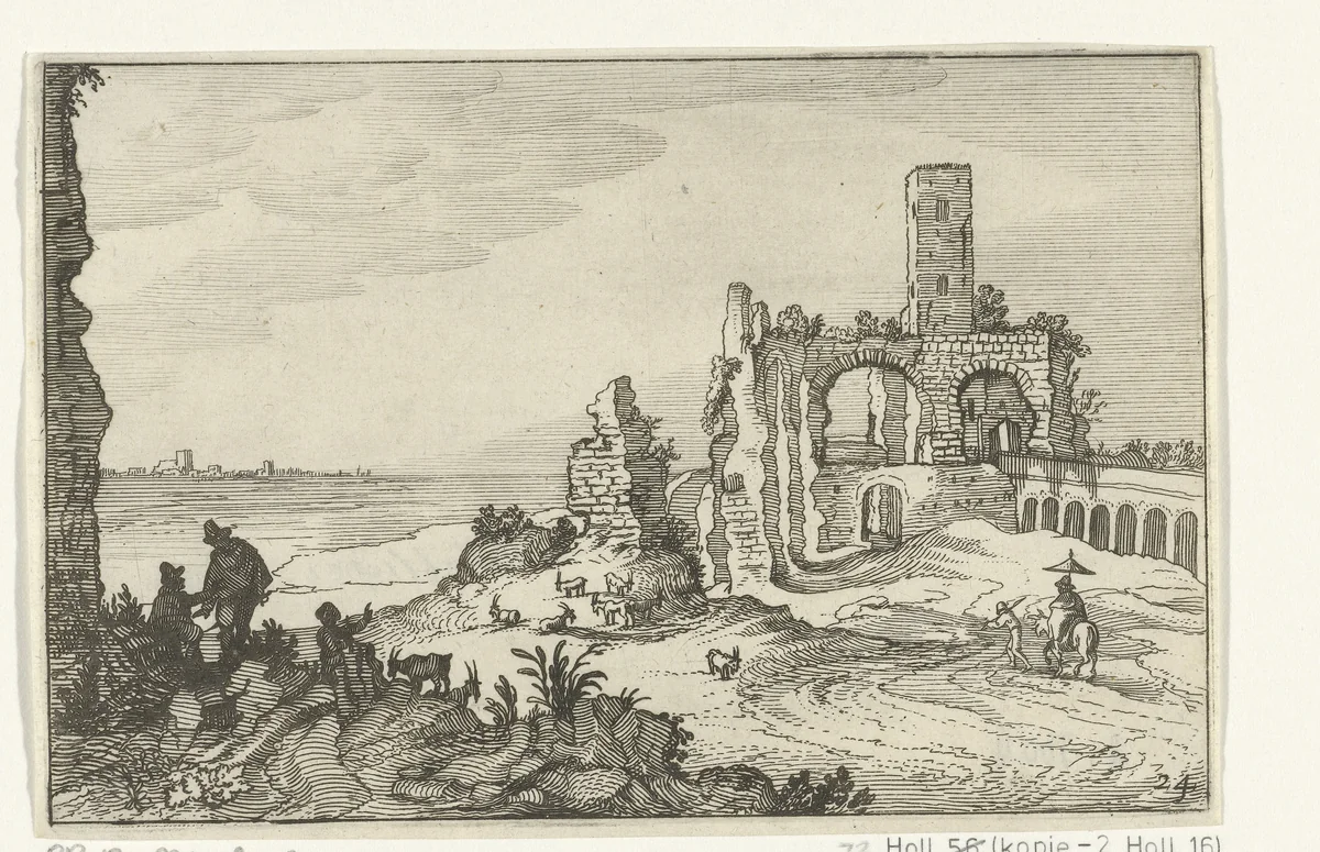 Ruïne met bogen en een toren aan het water by anonymous, print, 1618