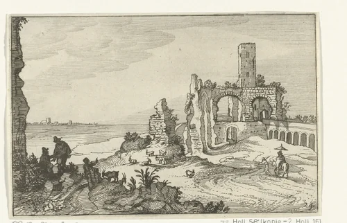 Ruïne met bogen en een toren aan het water by anonymous, print, 1618