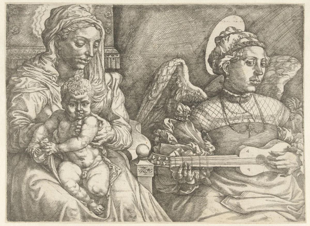 Maria met kind en musicerende engel by Unknown, print, 1545