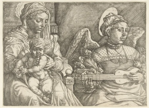 Maria met kind en musicerende engel by Unknown, print, 1545