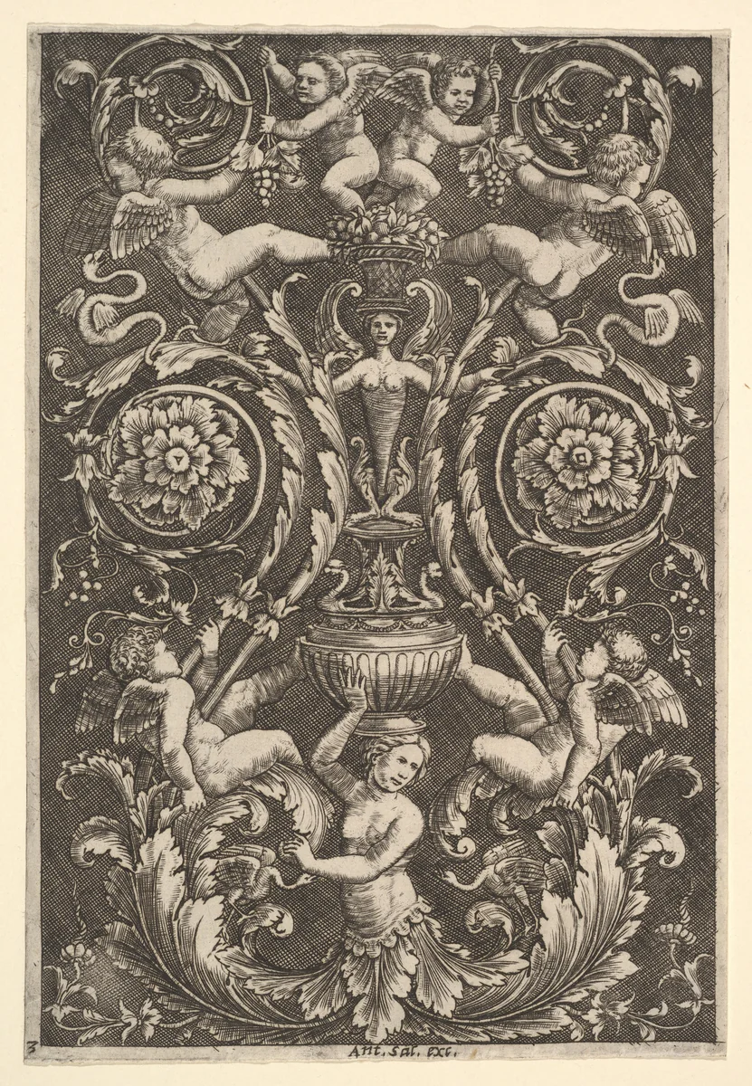 A panel of ornament with putti and other figures by Master of the Die, print, 1530-1560