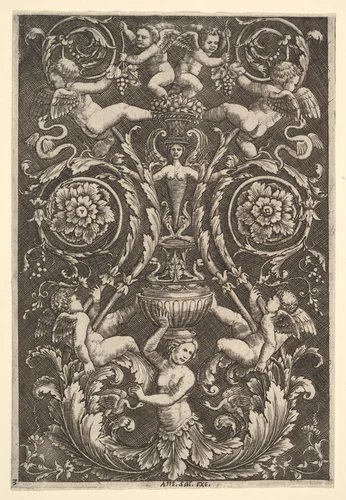 A panel of ornament with putti and other figures by Master of the Die, print, 1530-1560