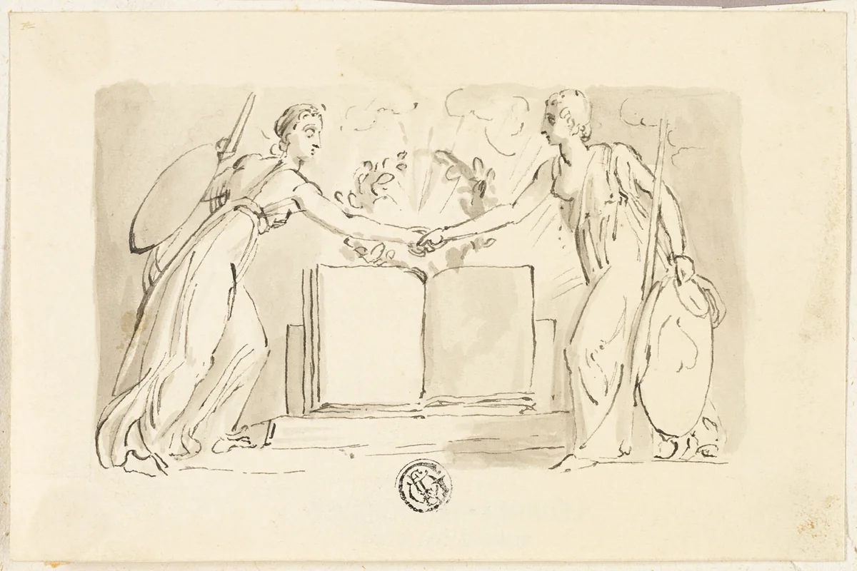 Two Allegorical Female Figures Clasping Hands before Book by Thomas Stothard, drawing, 1830-1834