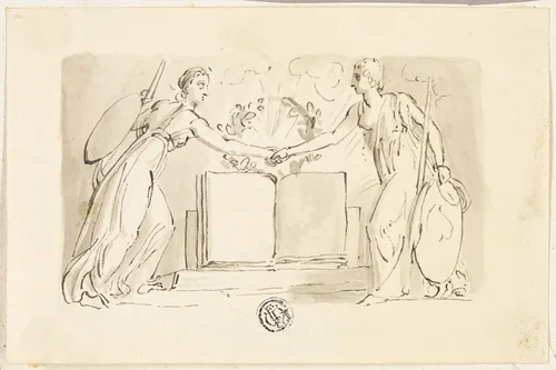 Two Allegorical Female Figures Clasping Hands before Book by Thomas Stothard, drawing, 1830-1834