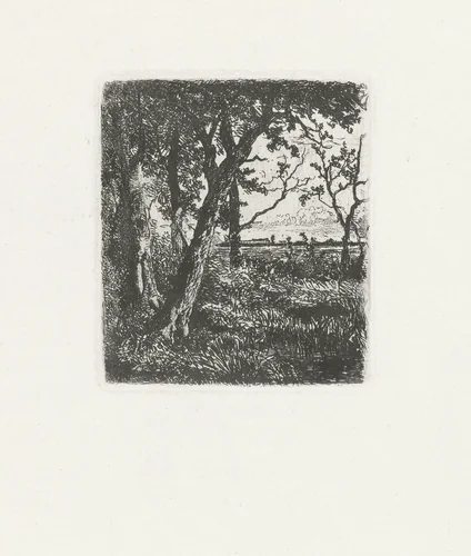Bomen aan een waterkant by Marinus Heijl, print, 1846-1931