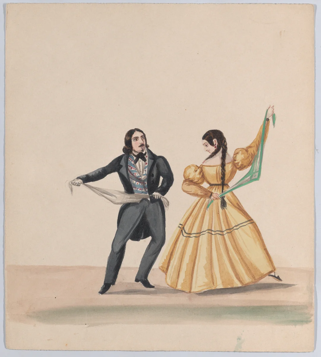 A man and a woman dancing, from a group of drawings depicting Peruvian dress by Francisco Fierro, drawing, 1843-1853