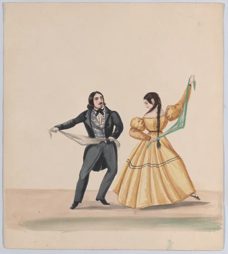 A man and a woman dancing, from a group of drawings depicting Peruvian dress by Francisco Fierro, drawing, 1843-1853