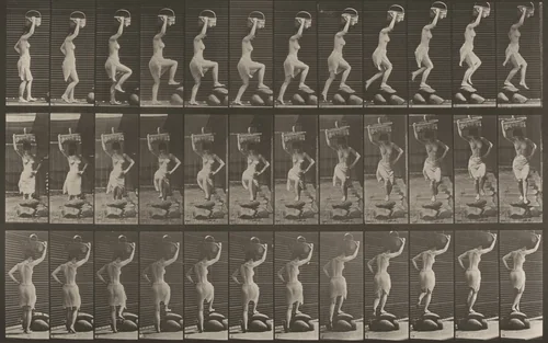 Plate Number 179. Stepping on and over a rock, a basket on head and right hand raised by Eadweard Muybridge, photograph, 1887