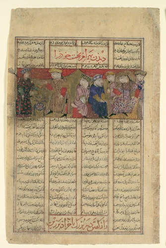 "Bahram Chubina Meets a Lady who Foretells his Fate", Folio from a Shahnama (Book of Kings) by Abu'l Qasim Firdausi, manuscript, 1305-1365