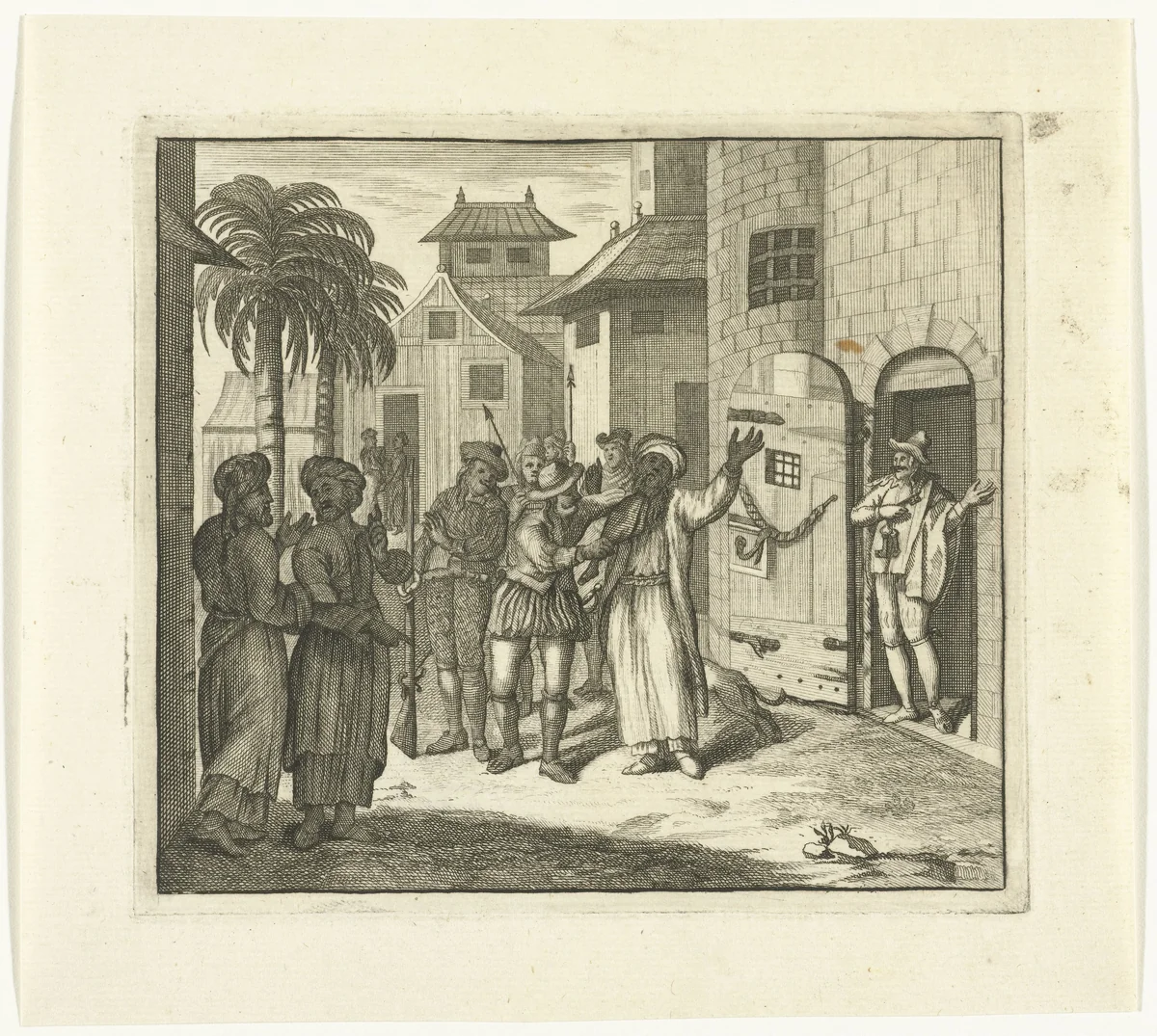 Man met tulband op het hoofd wordt de gevangenis binnengebracht by Reynier Blokhuysen, print, 1673-1744