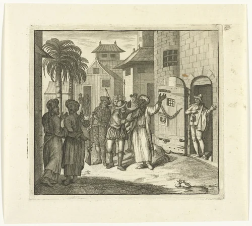 Man met tulband op het hoofd wordt de gevangenis binnengebracht by Reynier Blokhuysen, print, 1673-1744