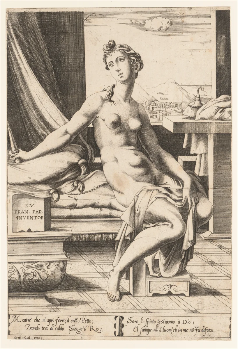 Lucretia Preparing to Kill Herself by Enea Vico, print, 1537-1547