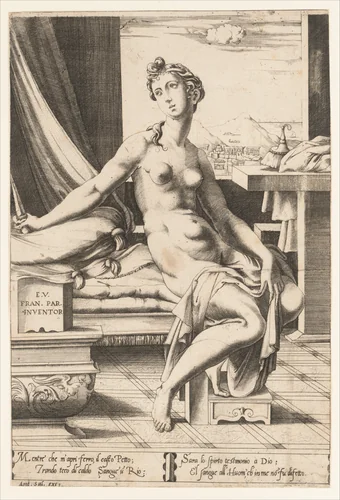 Lucretia Preparing to Kill Herself by Enea Vico, print, 1537-1547