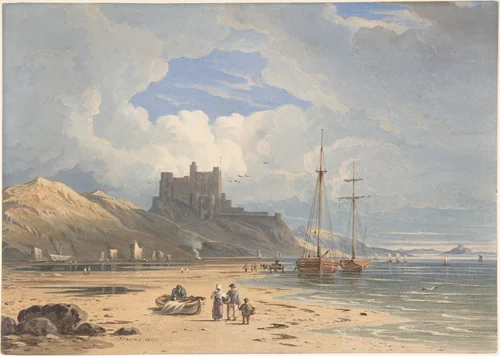 Bamborough Castle from the Northeast, with Holy Island in the Distance, Northumberland by John Varley, drawing, 1827