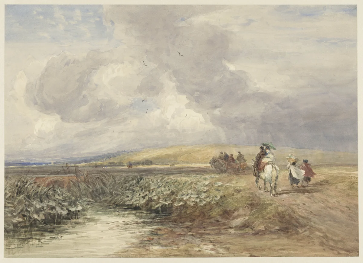 Landschap met reizigers by David Cox, drawing, 1793-1859