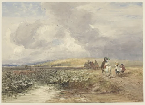 Landschap met reizigers by David Cox, drawing, 1793-1859