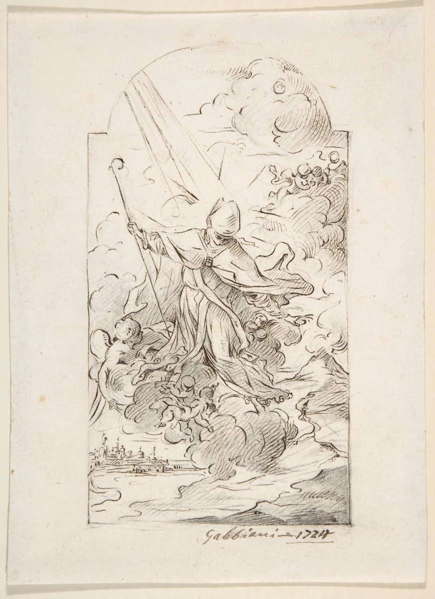 Saint Januarius Saving Naples from an Eruption of Mt. Vesuvius. Verso: Small sketch of similar scene by Anton Domenico Gabbiani, drawing, 1724