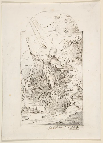 Saint Januarius Saving Naples from an Eruption of Mt. Vesuvius. Verso: Small sketch of similar scene by Anton Domenico Gabbiani, drawing, 1724