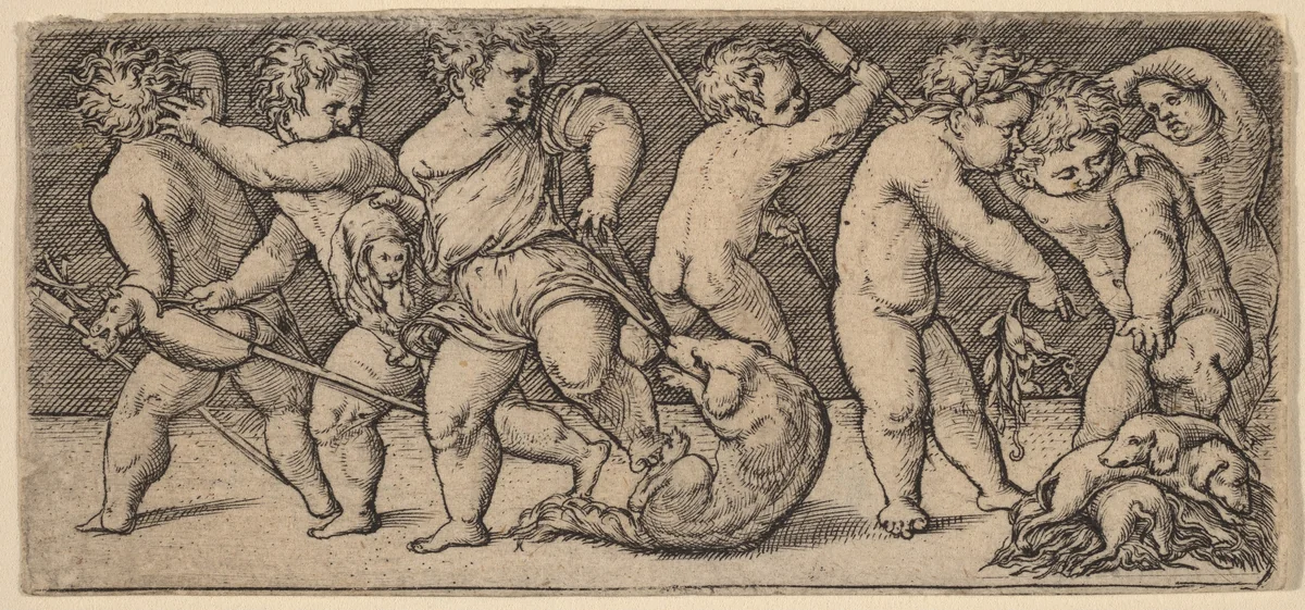 Children Playing with a Bitch and Three Young Dogs by Master of the Horse Heads, print, 1453-1560