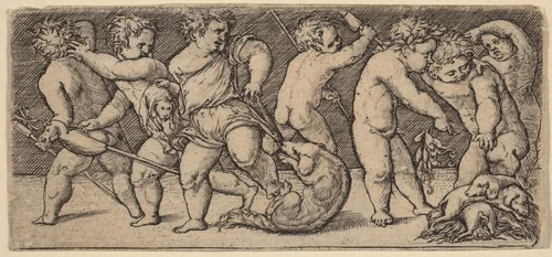 Children Playing with a Bitch and Three Young Dogs by Master of the Horse Heads, print, 1453-1560
