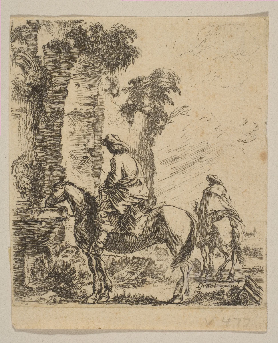 Plate 19: Landscape with a Cavalier Watering His Horse at a Fountain, from "Various figures and doodles" (Diverses figures et griffonnemens) by Stefano della Bella, print, 1641-1651
