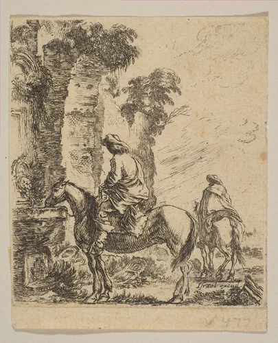 Plate 19: Landscape with a Cavalier Watering His Horse at a Fountain, from "Various figures and doodles" (Diverses figures et griffonnemens) by Stefano della Bella, print, 1641-1651