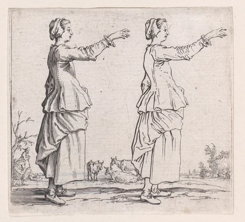 La Paysanne Tournée a Droite, la Main Tendue en Avant (The Peasant Woman Turned to the Right, her Hand Extended Forward), from "Varie Figure" (Various Figures) by Jacques Callot, print, 1615-1625