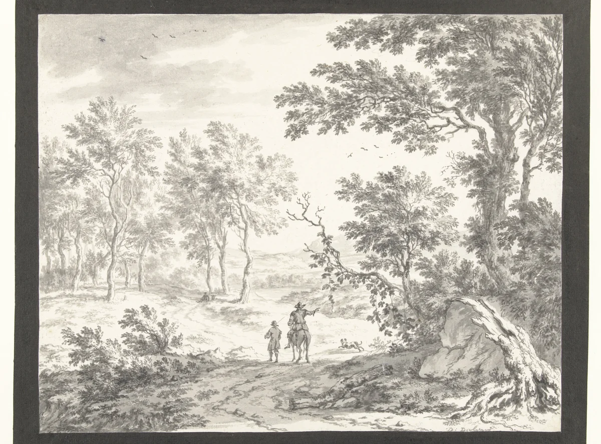 Boomrijk heuvellandschap met ruiter en knecht by Dirck Dalens, drawing, 1683-1687