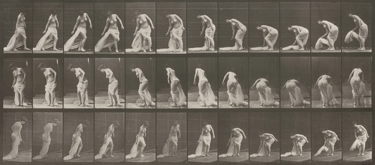 Plate Number 232. Stooping to lift train and turning by Eadweard Muybridge, photograph, 1887
