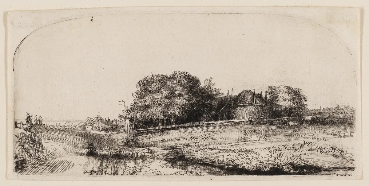 Cottages and a Hay Barn on the Diemerdijk with a Flock of Sheep by Rembrandt van Rijn, print, 1650