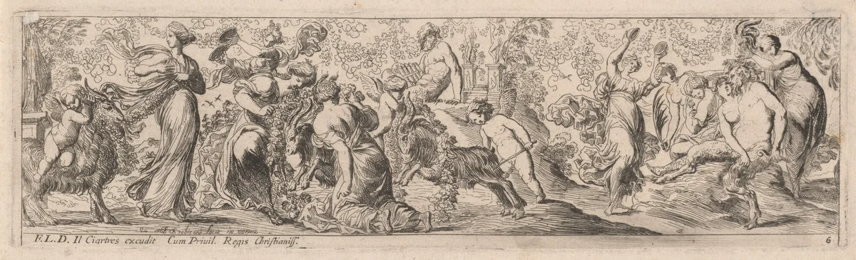 Putto Herding Goats through Garlands by Pierre Brebiette; François Langlois, print, 1626