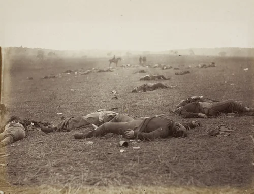 A Harvest of Death, Gettysburg, Pennsylvania by Timothy O'Sullivan, photograph, 1863
