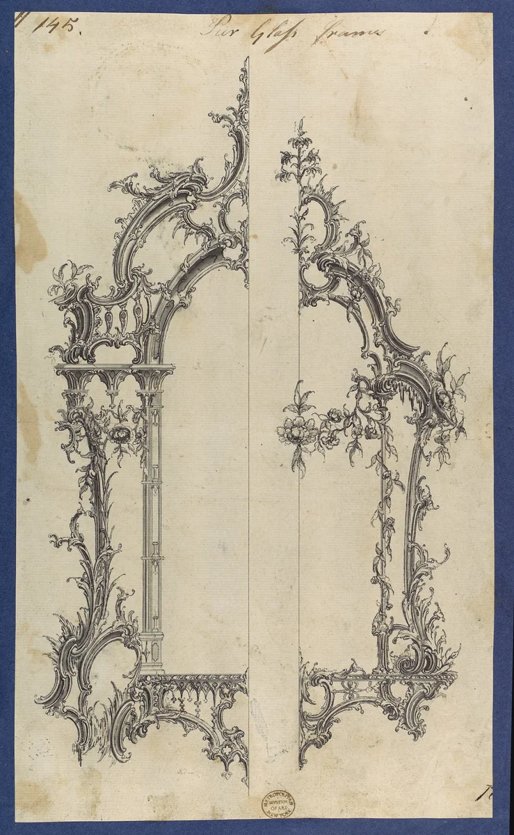 Pier Glass Frames, in Chippendale Drawings, Vol. I by Thomas Chippendale, drawing, 1754