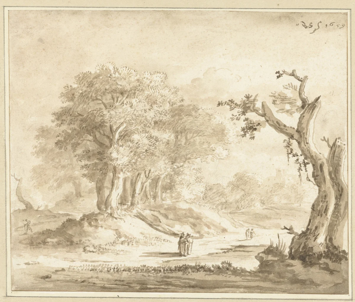 Wandelaars in een bos by Anthonie van Borssom, drawing, 1659
