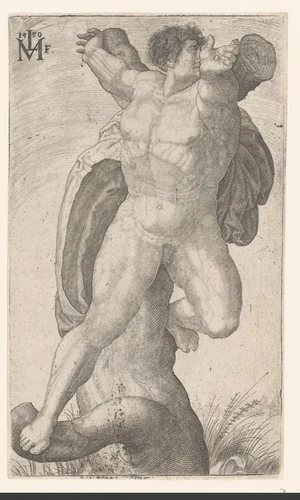 Man gekruisigd aan boomstam by Unknown, print, 1550