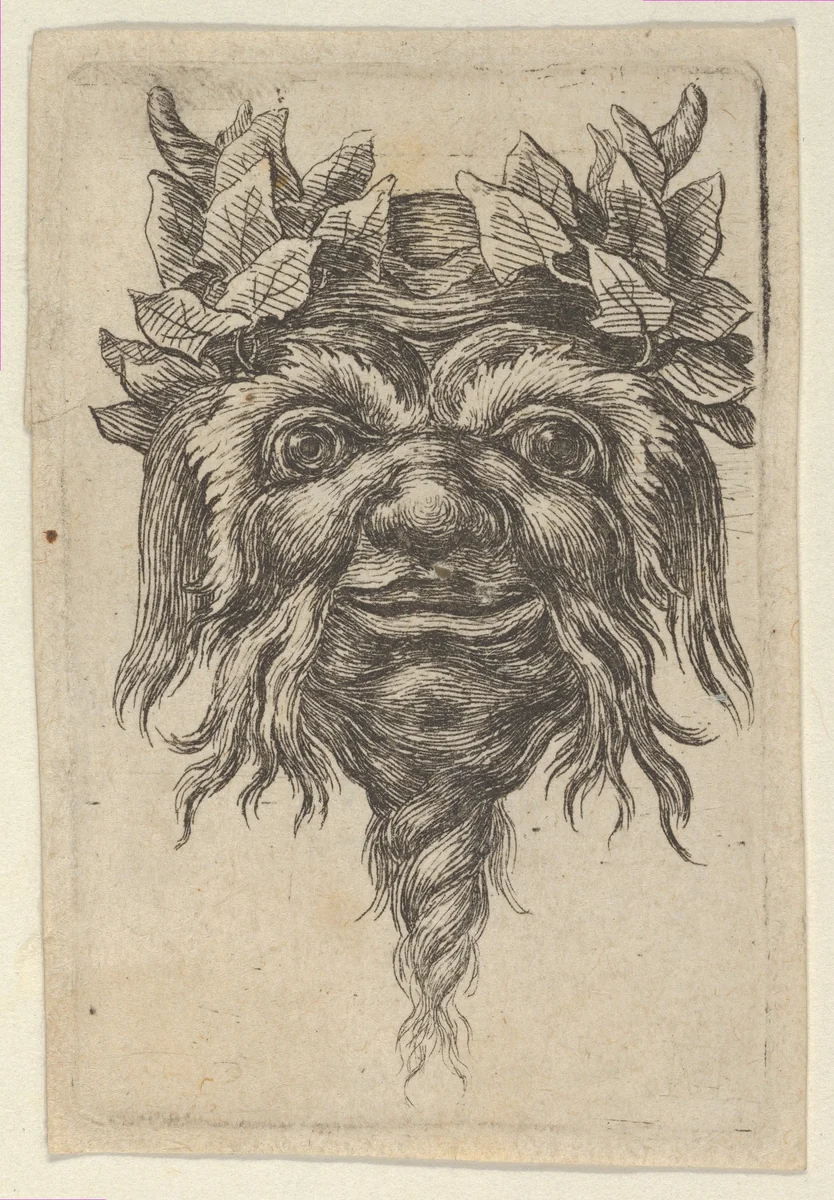 Satyr Mask with a Spiral-Shaped Beard and Ivy Grouped Around Each Horn, from "Divers Masques" by François Chauveau, print, 1630-1650