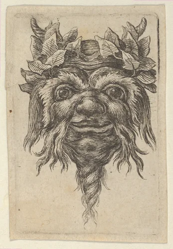 Satyr Mask with a Spiral-Shaped Beard and Ivy Grouped Around Each Horn, from "Divers Masques" by François Chauveau, print, 1630-1650