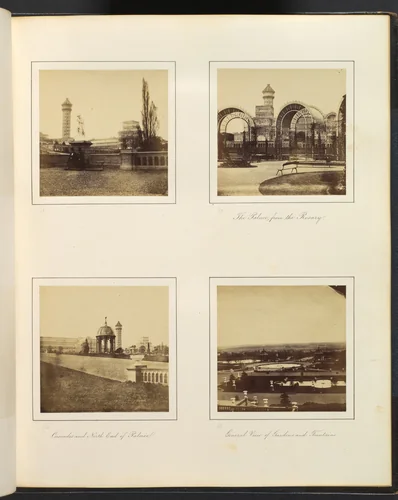 [Two Gentlemen Seated on the Grounds of the Palace; The Palace from the Rosary; Cascades and North End of Palace; General View of Gardens and Fountains] by Philip Henry Delamotte, photograph, 1857-1861